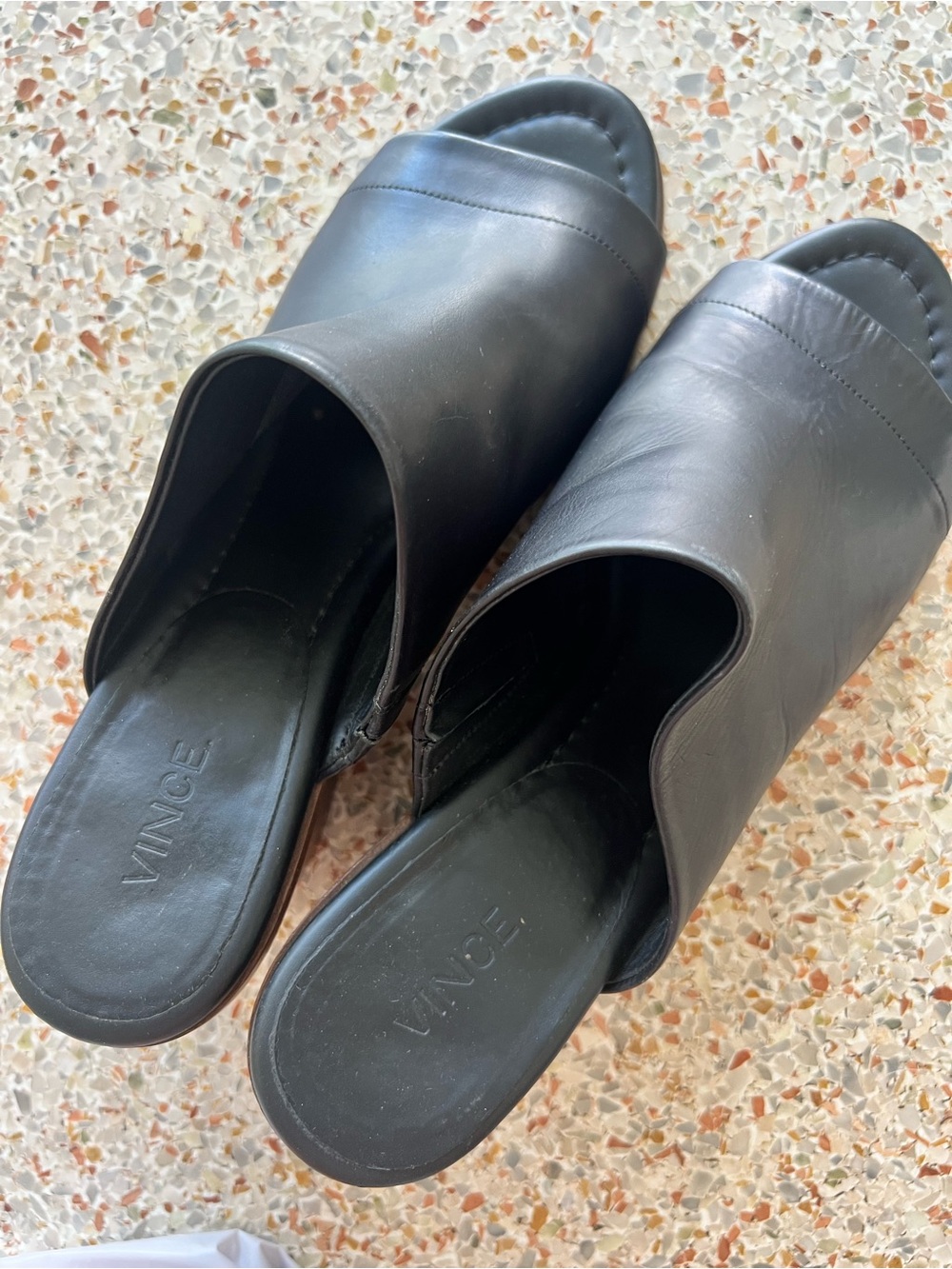 Vince Black Leather Slide Sandals with Natural Wood Heel